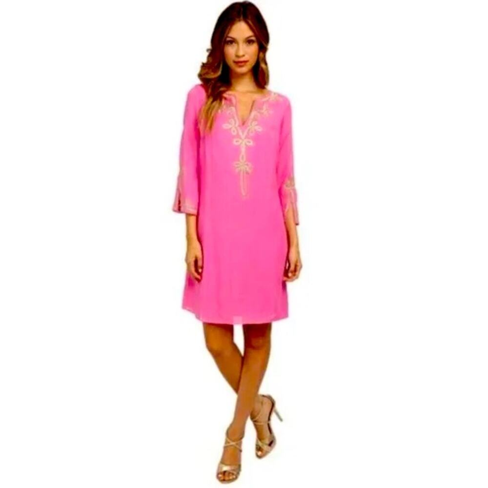 Lilly Pulitzer Copeland Pink Tunic Dress Resortwear‎ Coastal Embroidered Gold S